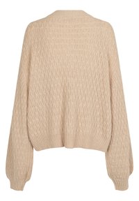 Beige pletený svetr s texturovaným vzorem, balónovými rukávy a žebrovaným lemem. Měkký materiál a volný střih.
