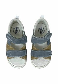 Sandali per bambini con tomaia in pelle grigia e marrone chiaro, suole in pelle bianca, due cinturini regolabili e perforazioni per la traspirabilità.