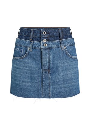 Denim mininederdel med lagdelte linninger i to nuancer af blå, tre metalliske knapper foran, forlommer og rå kantdetalje.