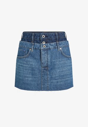 Fustă mini din denim cu talie stratificată în două nuanțe de albastru, trei nasturi metalici frontali, buzunare în față și detalii cu tiv nefinisat.