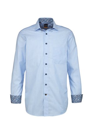 Camicia azzurra a maniche lunghe con colletto a punta, bottoni blu, taschino sul petto e polsini a fantasia floreale.