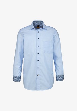 Camicia azzurra a maniche lunghe con colletto a punta, bottoni blu, taschino sul petto e polsini a fantasia floreale.