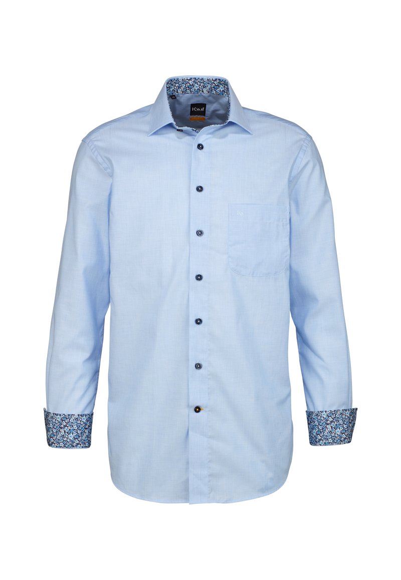 Himmelblaues Langarmhemd mit Button-Down-Kragen, blauen Knöpfen, einer Brusttasche und floral gemusterten Manschetten.