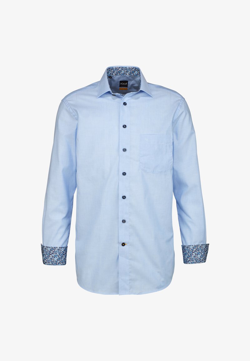 Camicia azzurra a maniche lunghe con colletto a punta, bottoni blu, taschino sul petto e polsini a fantasia floreale.