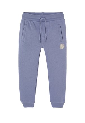 Light purple drawstring sweatpants with elastic waistband and cuffs, side pockets, and a small round logo patch near the right pocket.