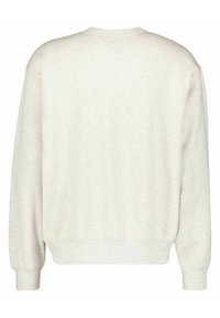 Ljust grå sweatshirt med långa ärmar, rundad halsringning och ribbade muddar och nederkant. Mjuk tyg med en slät textur, inga synliga mönster.