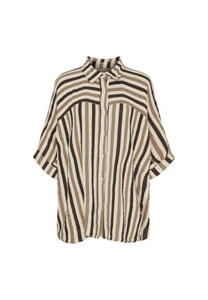 Kortærmet skjorte med knapper, der har vandrette striber i beige og brune nuancer. Blødt, tekstureret stof med afslappet pasform.