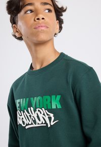 Vihreä huppari, jossa on "NEW YORK" rohkealla vihreällä ja valkoisella graffitotyylillä. Materiaali on pehmeä; suunnittelussa on klassinen pyöreä kaula-aukko.