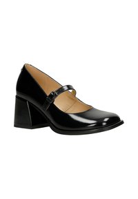 Czarny lakierowany but typu Mary Jane z średnim obcasem typu blok i pojedynczym paskiem z klamrą na podbiciu.