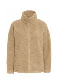 Veste en polaire beige avec un col montant, une fermeture éclair intégrale et des poches latérales. Présente une surface douce et texturée ainsi qu'une coupe décontractée.