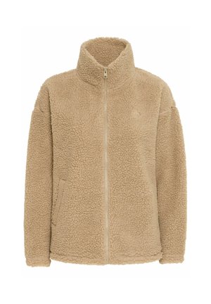 Jachetă din fleece bej cu guler înalt, fermoar complet și buzunare laterale. Prezintă o suprafață moale, texturată și o croială confortabilă.