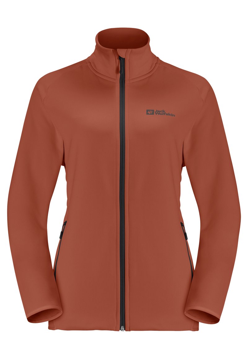 Dünnmaterialjacke in rostorange mit hohem Kragen, frontalem Reißverschluss, kontrastierenden schwarzen Reißverschlüssen und zwei seitlichen Taschen. Strukturiertes Gewebe.