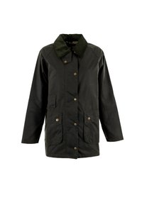 Donkergroene waterdichte jas met corduroyen kraag, drukknopen aan de voorkant en vier klepzakken.