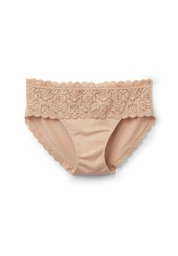Nude katoen slipjes met kant, voorzien van een gegolfde tailleband, een soepele stof en een bloemenkant ontwerp aan de bovenrand.