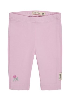 Light pink baby leggings with small embroidered pink flower near hem and "Sterntaler" brand labels on waistband and side.