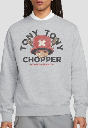 Gray sweatshirt featuring a colorful graphic of a cartoon character wearing a red hat with antlers and the text "TONY TONY CHOPPER."