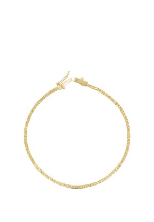 Zarter Goldkettenarmband mit kunstvollem gewebtem Design und offenem Verschluss vor weißem Hintergrund.