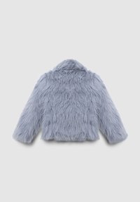 Kunstpelzjacke in Hellgrau. Mit Kragen, langen Ärmeln und einem strukturierten, weichen Stoff mit flauschigem Aussehen. Kurz geschnittenes Design.