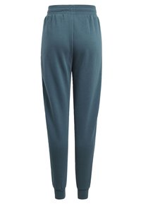 Teal joggers med elastisk midja och ribbade muddslut, med en slät textur och avslappnad design. Inga fickor eller utsmyckningar synliga.