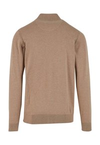 Maglione beige a maniche lunghe con polsini a costine, orlo a costine e colletto a lupetto a costine, visto da dietro.