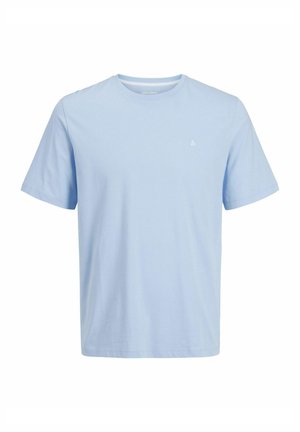 Light blue cotton t-shirt with short sleeves, a round neckline, and a small logo on the left side of the chest. Smooth texture.