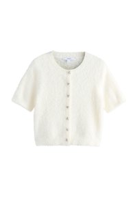 Cardigan a maniche corte, corto, in tessuto bianco morbido con una texture pelosa, caratterizzato da una scollatura rotonda e sei bottoni decorativi sulla parte anteriore.