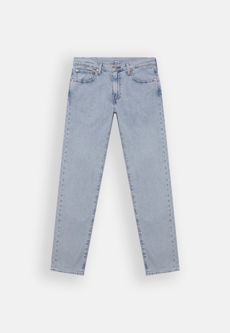 Ljusblå denimjeans med rak bendesign, fem fickor och knappstängning. Tyget har en mjuk, sliten yta.