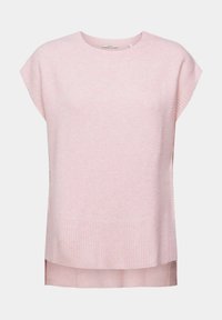 Haut en tricot rose à manches courtes, texture côtelée à l'ourlet, coupe décontractée et ample, avec un effet superposé en bas.