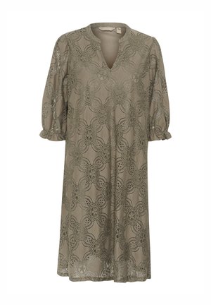 Lace dress in olive green with a V-neck, puff sleeves, and floral pattern. Features intricate embroidery and a loose fit.