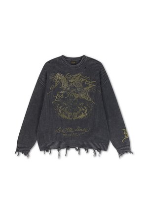 Ed Hardy, MENS DISTRESSED LOS ANGELES KNITTED RELAXED CREW JUMPER - Maglione - black