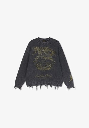 Ed Hardy, MENS DISTRESSED LOS ANGELES KNITTED RELAXED CREW JUMPER - Maglione - black