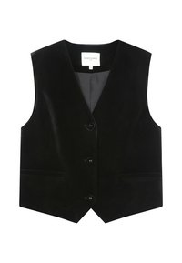 Gilet di velluto nero con revers a punta, bottoni frontali e due tasche. Texture liscia con design su misura. Interno foderato.