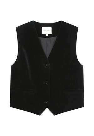 Zwarte fluwelen vest met een gelapte revers, knopen aan de voorkant en twee zakken. Glad textuur met een op maat gemaakt ontwerp. Binnenkant is gevoerd.