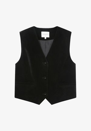 Gilet en velours noir avec un col cranté, des boutons sur le devant et deux poches. Texture lisse avec un design ajusté. Doublure à l'intérieur.