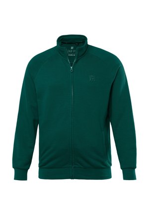 Dunkelgrüner Reißverschluss-Sweatshirt mit hohem Kragen, Raglanärmeln und seitlichen Taschen. Mit dezentem Branding auf der Vorderseite. Weiches Stoffgefühl.