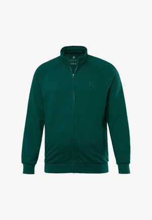 Dunkelgrüner Reißverschluss-Sweatshirt mit hohem Kragen, Raglanärmeln und seitlichen Taschen. Mit dezentem Branding auf der Vorderseite. Weiches Stoffgefühl.