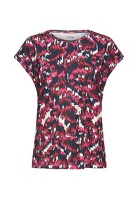 Rövid ujjú felső színes, absztrakt mintával rózsaszínben, tengerészkékben és fehérben, puha, könnyű anyagból készült, kerek nyakkivágással.