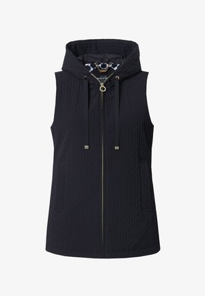 Navy sleeveless vest with a hood, textured fabric, front zipper, drawstring, and side pockets. Features gold-tone hardware accents.