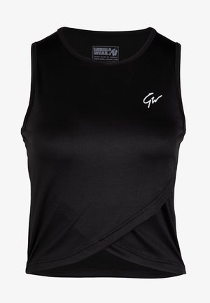Zwarte mouwloze sportieve crop top met een ronde halslijn, voorzien van een wit logo op de linkerkant van de borst en een wikkelontwerp aan de onderkant.