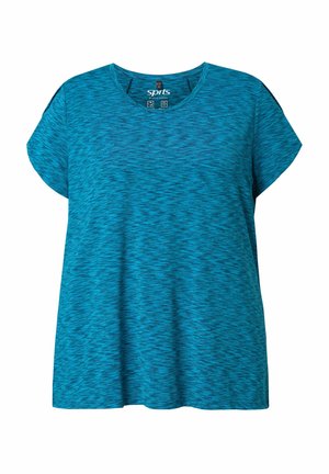 Blauw gemêleerd sport-T-shirt met korte mouwen, ronde hals, losse pasvorm en bedrukte merklabel aan de binnenkant van de kraag.