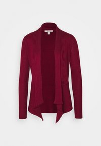 Röd, ribbad cardigan med öppen front, långa ärmar och en mjuk textur. Har en flödande, draperad silhuett.