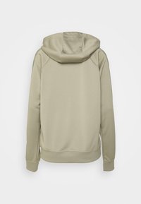 Light beige hoodie with a smooth texture, featuring a drawstring hood, long sleeves, and ribbed cuffs. No visible branding or patterns.