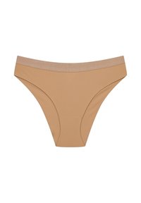 Beżowe bikini wykonane z mieszanki bawełny, z teksturowaną powierzchnią, z miękkim, szerokim paskiem elastycznym i minimalistycznym krojem.