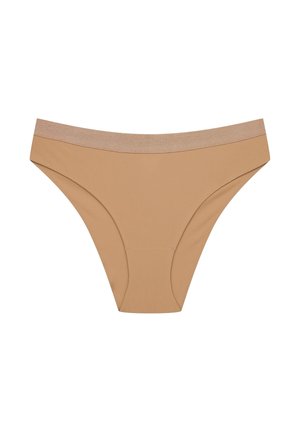 Beżowe bikini wykonane z mieszanki bawełny, z teksturowaną powierzchnią, z miękkim, szerokim paskiem elastycznym i minimalistycznym krojem.