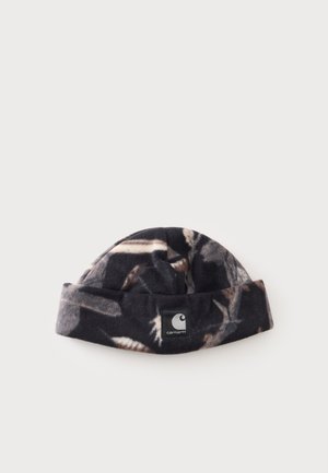 Μαύρος και γκρι καμουφλάζ fleece σκούφος με διπλωμένο χείλος και μικρό λογότυπο Carhartt μπροστά.