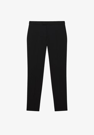 Zwarte formele broek met rechte pijpen, tailleband en voorzijde ritssluiting, afgebeeld op een witte achtergrond.