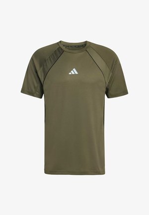 Olijfgroene sport t-shirt van ademend materiaal, met een ronde halslijn, korte mouwen en zwarte textuuraccenten op de schouders.