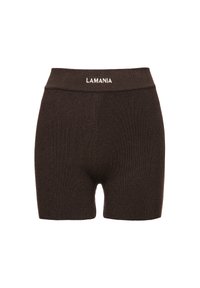 Brązowe szorty prążkowane wykonane z elastycznego materiału, charakteryzujące się dopasowanym krojem oraz miękkim pasem. Logo "LAMANIA" w białym kolorze na pasie.