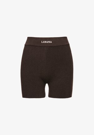 Brązowe szorty prążkowane wykonane z elastycznego materiału, charakteryzujące się dopasowanym krojem oraz miękkim pasem. Logo "LAMANIA" w białym kolorze na pasie.