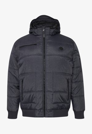 Dunkelgraue Steppjacke mit Kapuze, ausgestattet mit gestepptem Material, Frontreißverschluss und seitlichen Taschen. Enthält eine kleine Reißverschlusstasche auf der Brust.